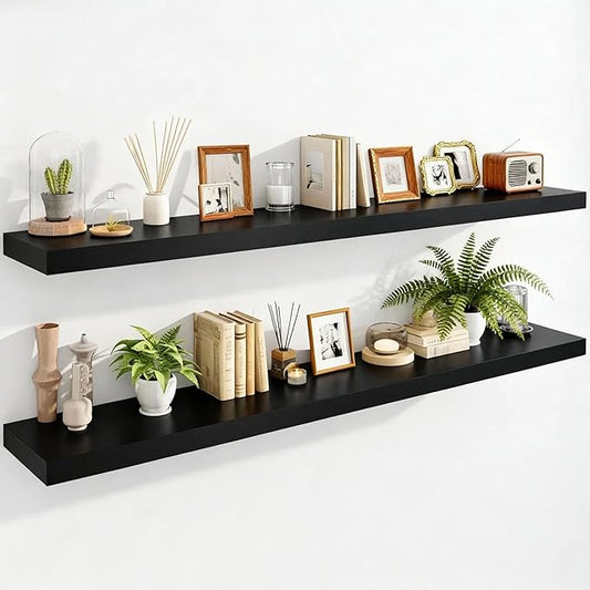 IAE Floating Wall Shelves 55 inch,Bathroom Shelving Wall Mounted,Invisible Shelving Floating Kitchen Shelves,Wooden Wall Shelf with Brackets for Living Room Wall Mounted,Easy Install,Set of 2,Black
