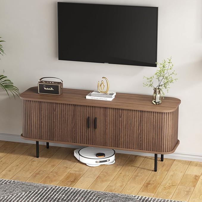 55''W Walnut Cabinet with Storage, Media Console, Tambour TV Stand, Television Stands with Curvy Edge; Sliding Door, Fluted Cabinet, Buffet Sideboard, Credenza, Table Stand for Living Room, Kitchen