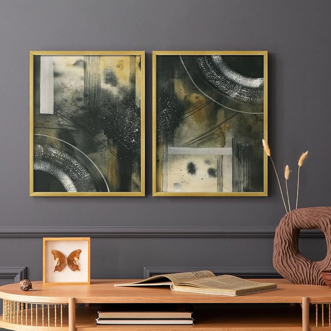 Renditions Gallery Set of 2 Peel & Stick Framed Prints, Moody Abstract Wall Art, Circular and Splattered Effects Wall Decor, Re-Stickable - Ready to Hang - 16"x20" - GOLD Frame LT588