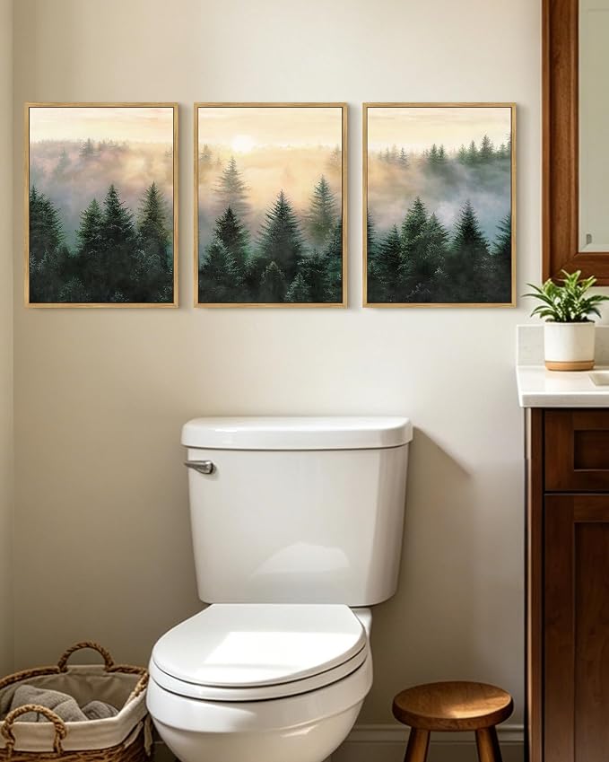 KUVIOKE Sun Dawn Fog Pine Tree Framed Wall Art Morden Nature Nordic Forests Artwork Bedroom Decor 12x16in (Natural Framed)