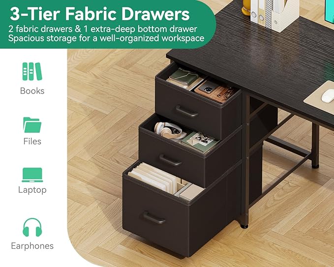 AODK 51 Inch Computer Desk with Drawers & USB Power Outlets, Reversible Home Office Desk with Storage Shelves, Work from Home, Modern Work/Writing/Study Table for Bedroom, Black