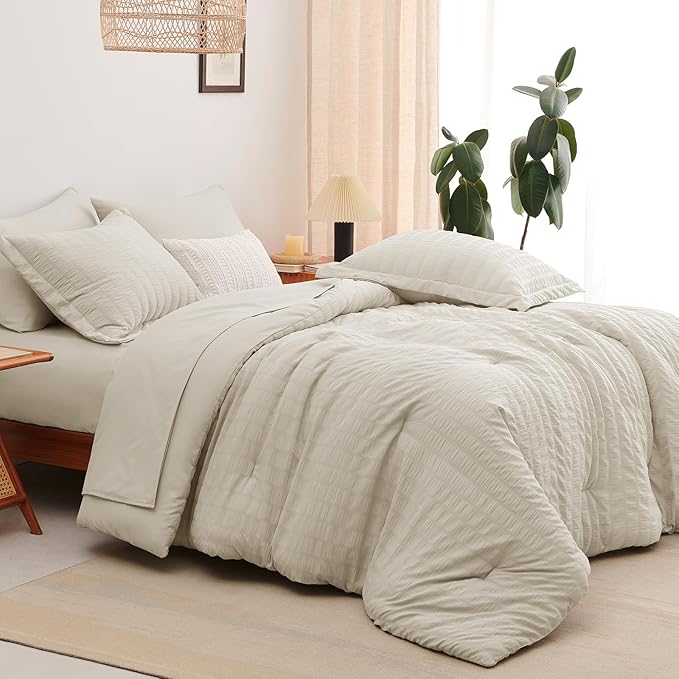CozyLux King Size Comforter Set Oatmeal, 7 Pieces Seersucker Textured Luxury Bed in a Bag, All Seasons Soft Bedding Sets with Down Alternative Comforter, Sheets, Pillowcases & Shams, Home Gift