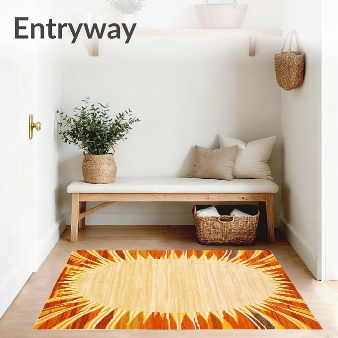 Flatwoven High Traffic Area Rug 5x7, Warm Retro Sun Rays Floor Mat with Symmetrical Circular Geometric Pattern, Non Slip, Stain Resistant, Washable Area Rugs for Living Room, Bedroom (Yellow, 5x7)
