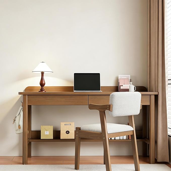 Solid Wood Desk with 2 Drawers, Vintage Narrow Computer Desk with Storage Shelf, Mid Century Modern Desk, Small Writing Desk for Bedroom(39.3" W, Natural)