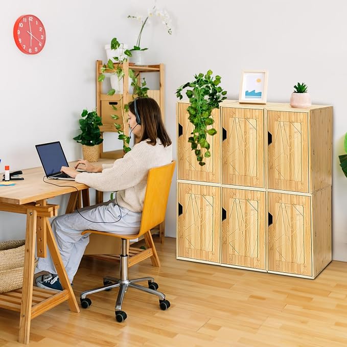 Fasmov 2 Tiers Cube Storage Organizer, Bamboo Bookshelf, Display Bookcase, Storage Cube Cubby Organizer with Door, Stackable Cubes Bin Small Cabinet for Bedroom, Home and Office