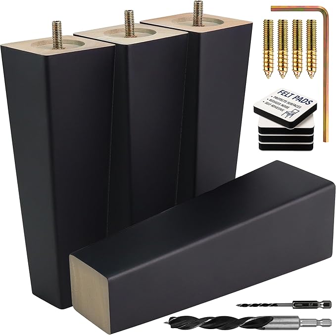 Airy Abode Premium Black Square Furniture Legs (Full Install Kit) - Pick Your Size and Color