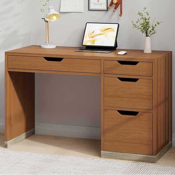 MaverickFurni 48 Inch Small Desk with 4 Drawers, Computer Desk with Storage File Drawer for Bedroom, Home Office Desk with Storage for Small Space, Brown
