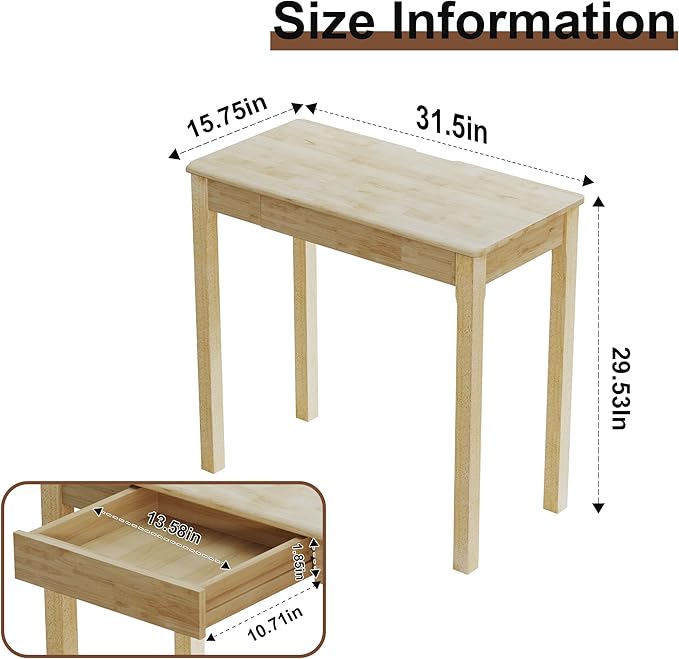Solid Wooden Desk with Drawers - 32 x 16 Inch Narrow Desks for Small Spaces, Rubberwood Simple Study Table, Small Writing Desk for Bedroom - Natural Boho Desks