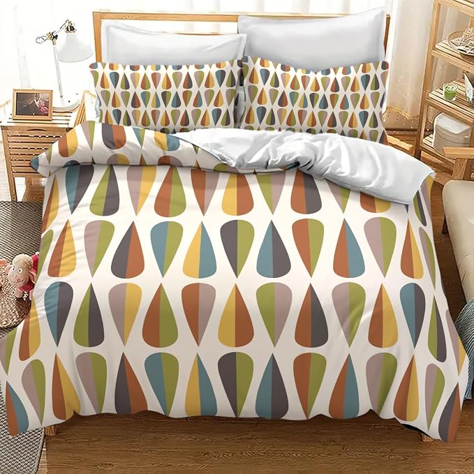 Mid Century Bedding Set,Modern Colorful bstract Geometric Drop Shapes Retro 1950s 1960s Geometry Pattern Comforter Set with Pillowcase for Bedroom Bed Decor,King 102"x90"