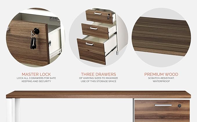 Modern Design Milano Office Desk with 3 Locking Drawers, 48 Inch White and Walnut Industrial Wood Desk with Filing Drawer and Storage, by Crafts and Comfort