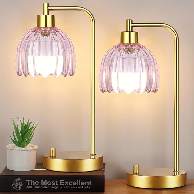 Pink Table Lamp Set of 2,Small Gold Bedside Lamps Dimmable Boho Bedroom Lamp with Tulip Flower Glass Lamp Shade,Vintage Mid Century Modern Mini Nightstand Lamp for Kids Bedroom Living Room