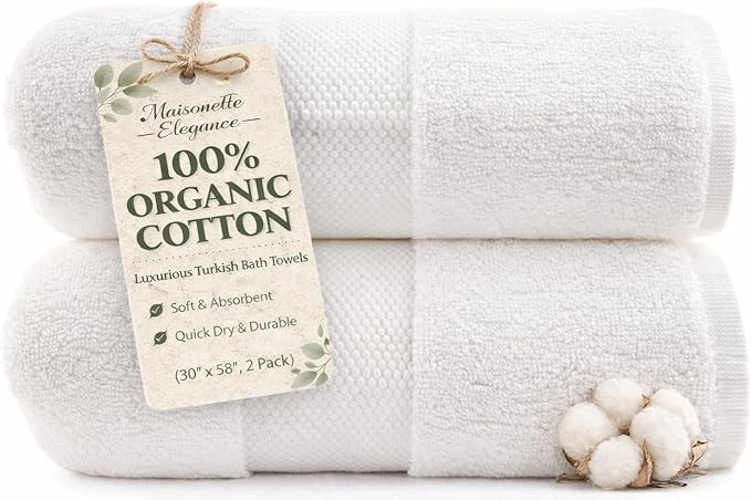 Maisonette Elegance 100% Organic Cotton Turkish Bath Towels, Soft & Absorbent, Ideal Quick Dry Large Luxury Bathroom Towel Set for Shower (30" x 58", 2 Pack) - White