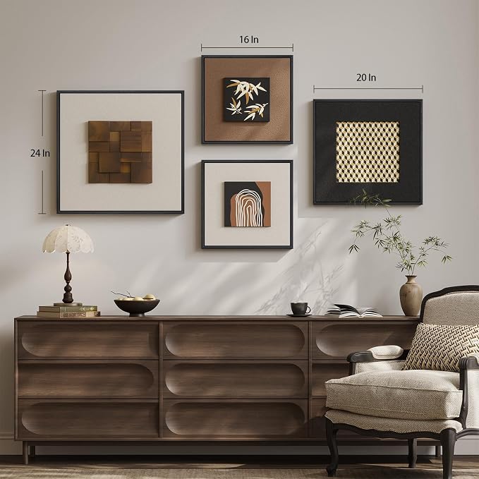 Framed 3D Wood Wall Art Decor for Living Room, 4 Piece Abstract Modern Minimalist Neutral Textured Artwork for Walls, Black Brown Beige Wall Decor for Dining Room, Hallway, Bedroom, Office