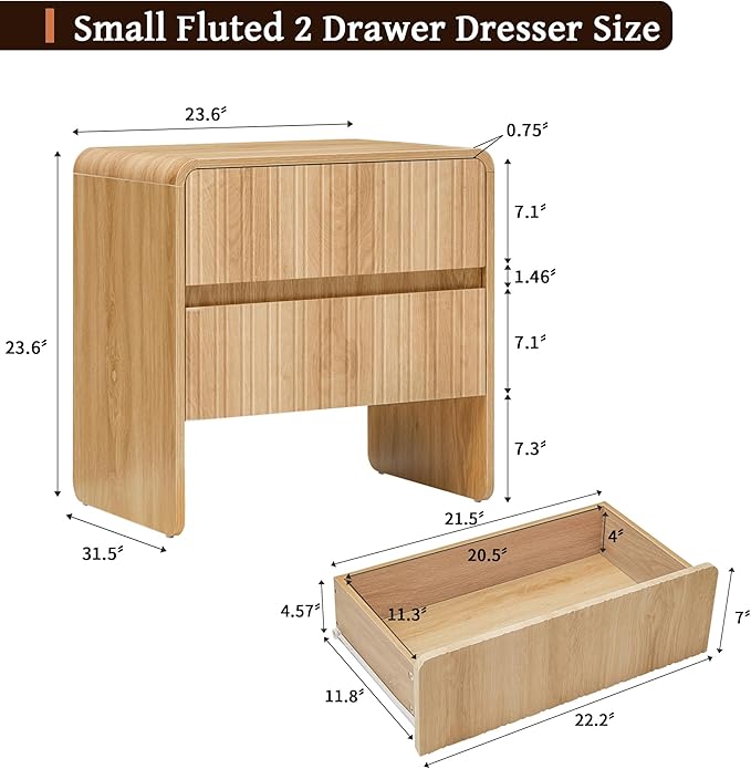 BERRYMERRY Flute 2 Drawer Dresser,Mid Century Modern Small Nightstand with 2 Drawer for Bedroom, Wood Side Table with Curved Profile for Living Room,Hallway,Enterrway
