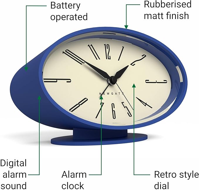 NEWGATE® Ronnie Alarm Clock | Oval Retro Design | Blue Soft Rubberised Finish | Ideal for Bedside, Desk or Shelf | Modern, Retro mid-Century Bedroom & Office Accessory