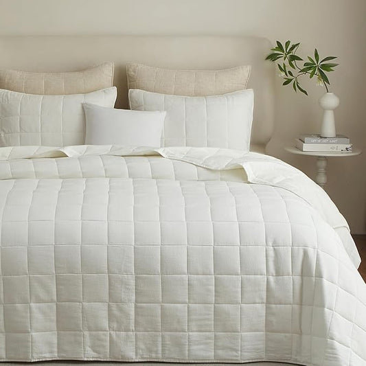 Powdion 100% French Linen Quilt King, Pre-Washed Linen Front Cotton Back Quilt Comforter Breathable Bedding Set for All Season, Lightweight Cotton Quilt King Size, 3 Pieces Cream Bedspread