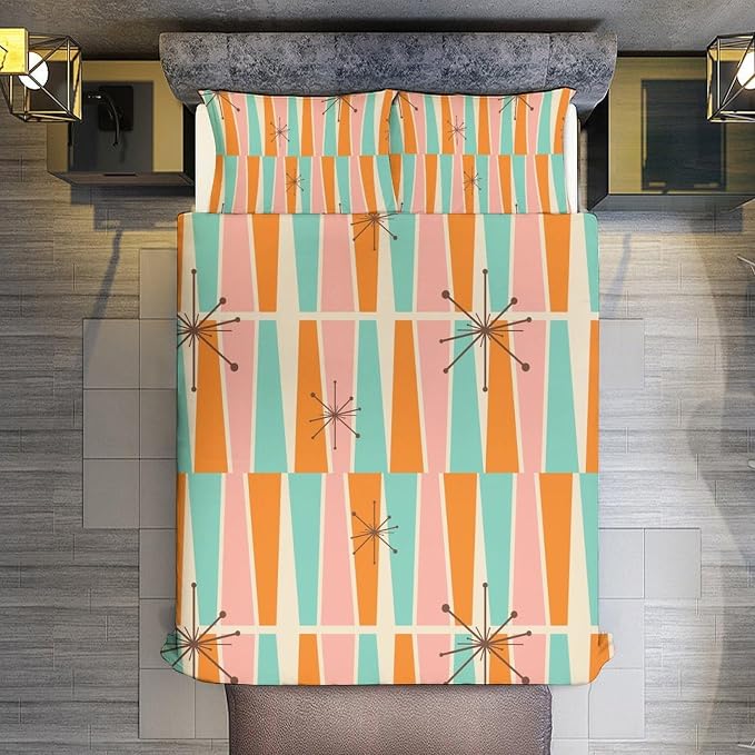 Modern Mid Century Duvet Cover Queen Retro Atomic Bedding Set, Rainbow Grid Comforter Cover Vintage Fifties 1950s Bed Set，Abstract Art Bedding 3 Piece (1 Duvet Cover 86"x70" + 2 Pillow Sham 20"x30")