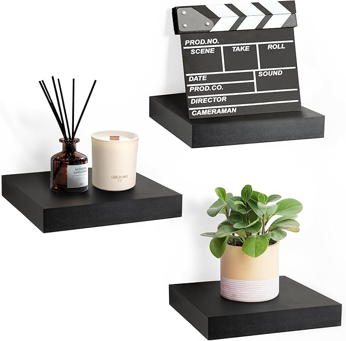 Sorbus 9X9 Inch Floating Shelves for Wall – Square Floating Shelf with Invisible Mounting Bracket for Kitchen, Bedroom, Living Room & Bathroom Decor – Rustic Showcase Wall Shelf (Black, 3 Pack)