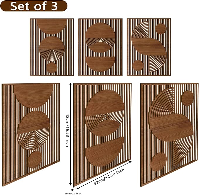 Homenthus 3 Pcs Abstract Wood Wall Art, Mid Century Modern Geometric Wood Wall Decor Minimalist Wooden Wall Art Decor Panels for Boho Living Room Bedroom Kitchen Dining Room Office Home Wall Decor
