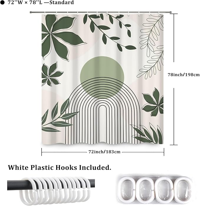 Boho Shower Curtain Modern Abstract Green Leaves Sun Bathroom Curtain Minimalist Geometric Arch Nature Fresh Decor Shower Curtain Waterproof Fabric with Hooks 72x78
