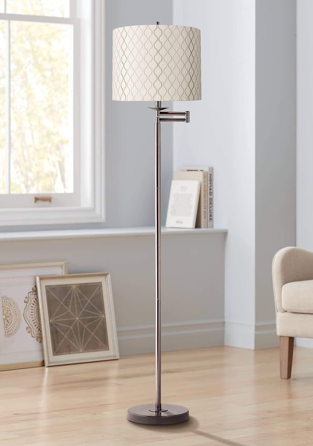 Regency Hill Adjustable Swing Arm Floor Lamp Standing 60.5" Tall Bronze Metal Thin Profile Embroidered Hourglass Off White Fabric Drum Shade for Living Room Reading House Bedroom