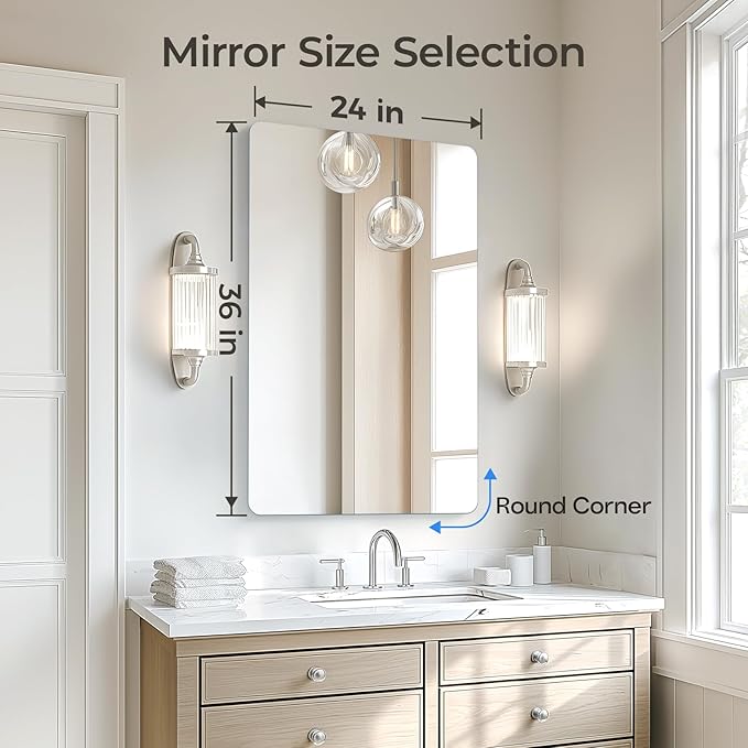 USHOWER Frameless Bathroom Mirror for Over Sink, 24x36 Inch Rectangle Wall Vanity Mirror for Bathroom, Bedroom, Entryway, Polished Edge, Tempered Glass | 24x36 Inch Rectangle Wall Vanity Mirror for Bathroom, Bedroom, Entryway, Polished Edge, Tempered G...