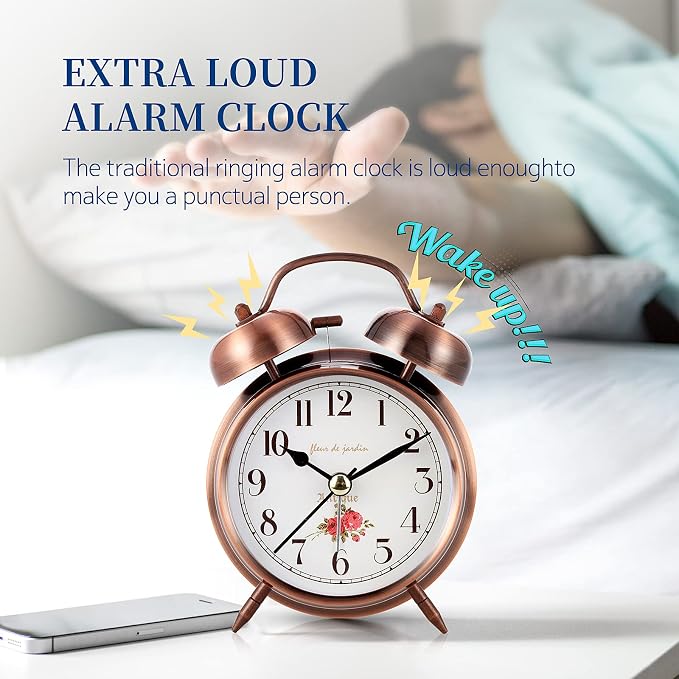 Super Loud Alarm Clock For heavy sleepers,4 inches Twin Bell Alarm Clock with Backlight,Battery Operated,Silent Non Ticking,For Kids,Adults,Bedrooms,Retro decor Desk Analog Clocks. (Copper Red)