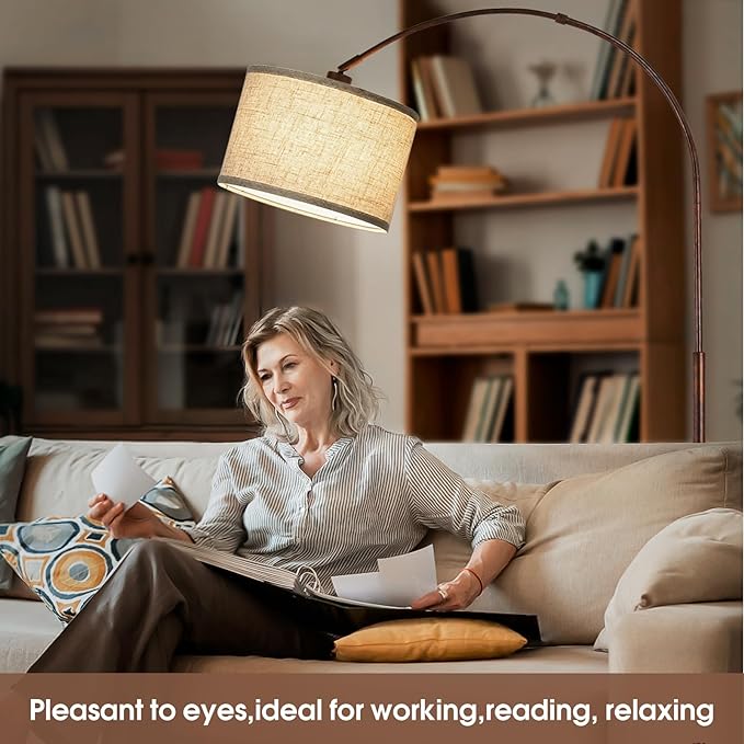 Dimmable Arc Floor Lamps for Living Room, Mid Century Floor Lamp, Antique Bronze Standing Lamp with Adjustable Hanging Shade, Tall Pole Lamp Reading Light for Bedroom, Over Couch, 9W LED Bulb Included
