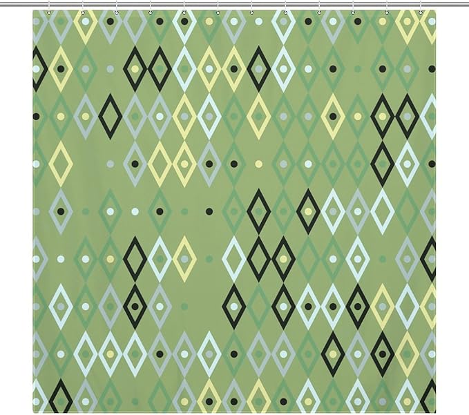 Vintage Mid Century Geometry Shower Curtains, Modern Green Diamond Pattern Thermal Insulated Privacy Washable Waterproof Fabric for Bathroom Decor Bathtub with 12 Hooks 72x72in (183x183cm)