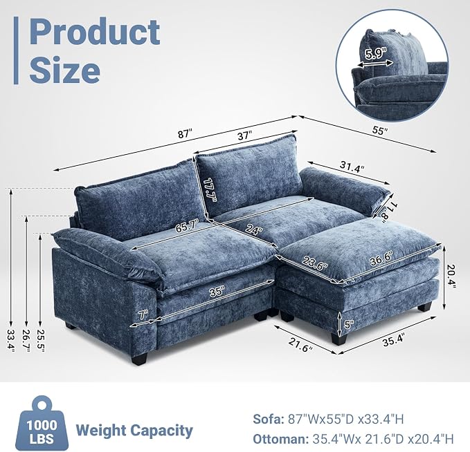 VINGLI 87" Cloud Sectional Sofa, Comfy L-Shaped Extra Deep Seat Sofa Couch for Living Room,Modern 2-Seat Convertible Loveseat Sofa with Ottoman for Small Space(Navy Blue)
