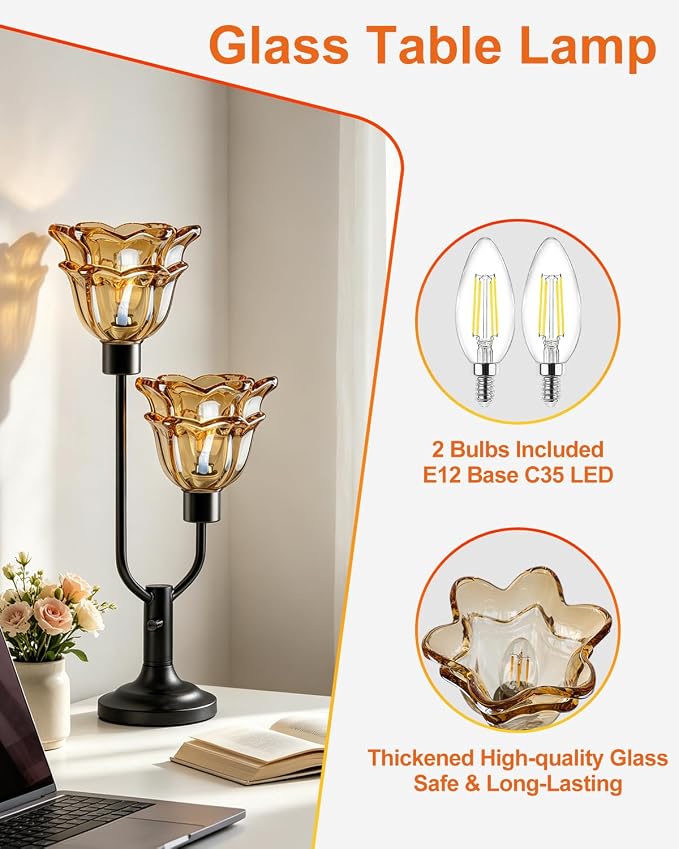 Lightdot Mid Century Modern Flower Table Lamp for Living Room Dimmable Nightstand Lamp Amber Glass Vintage Black Desk Lamp 2 Bulbs Included Warmwhite Ambient Bedside Lamp for Bedroom Home Office Decor