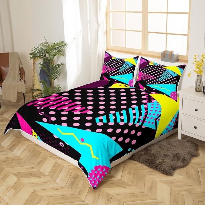 Memphis Duvet Cover Set Twin Size, Retro 80s or 90s Fashion Style Comforter Cover with 1 Pillowcase, Geometric Triangle Circle Bedding Set for Kids Boy Girls Lightweight Bedspread Cover,No Comforter