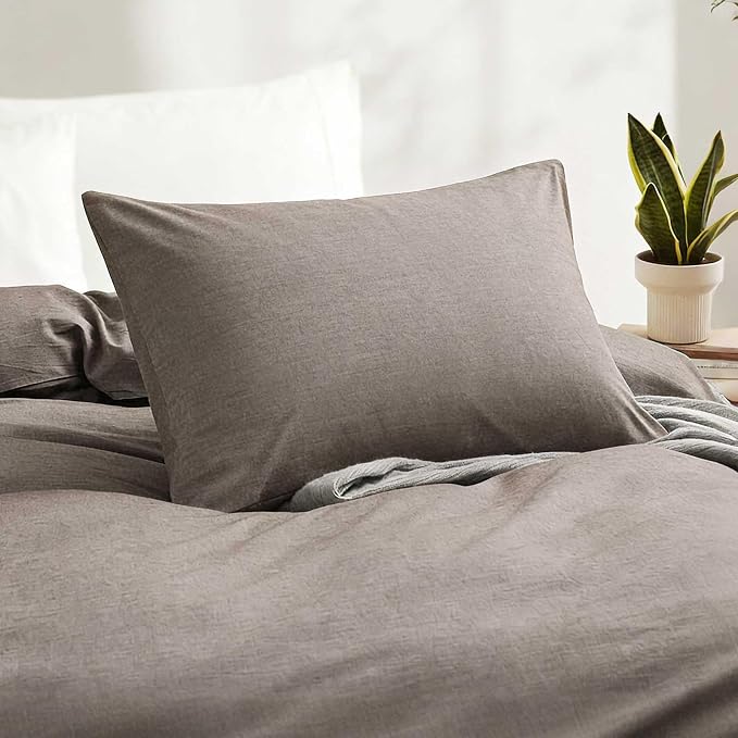 LOVQUE 100% Cotton Duvet Cover Set Twin Size, Mauve Brown Linen-Like Natural Bedding Set with Zipper Closure (No Comforter), Twin Size, Duvet Cover (68"x90") x 1, Pillowsham(20"x26") x 1