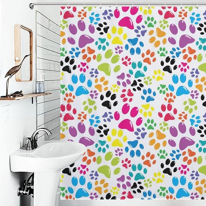 Dog Print Shower Curtain Cute Colorful Dogs Paws Duty Fabric Shower Curtains Set Bathroom Polyester Waterproof with 12 Hooks,72x72Inch（183x183cm）