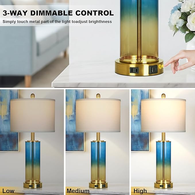 Ruzectt 26" Blue and Gold Glass Lamps Set of 2, 3-Way Dimmable Touch Coastal Bedroom Table Lamp with USB C+A Ports & AC Outlet, Elegant Brass Living Room Lamp, Nautical Bedside Lamps for Night Stands