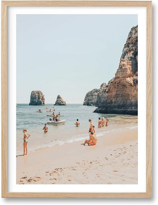 HesenDot Natural OAK Wood Framed Amalfi Coast Summer Wall Art,12x16in Italy Arienzo Beach Canvas Wall Print,Positano Swimming Poster Wall Decor for Living Room,Bedroom,Office Gallery Set of 1