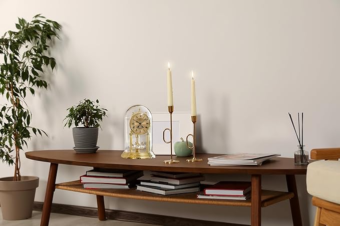 Bulova Tristan I Desk and Table Clock | Model B8818 | Polished Brass Finish | Polished Metal Base | Floating Dial | Roman Numerals | Elegant Pendulum Design