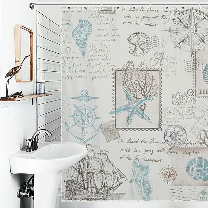 Nautical Map Shower Curtain,Lighthouse Sailboat Compass Anchor Coastal Shower Curtain for Bathroom Polyester Fabric Ocean Themed Bathroom Decor Set with Hooks,72x72Inch