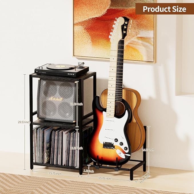 YAKANJ End Table with Guitar Stand,Record Player Stand,Vinyl Records Storage,2-Tier Guitar Stand for Acoustic, Electric Guitar,Bass,Turntable Stand Side Table for Music Room Studio Living Room-Black