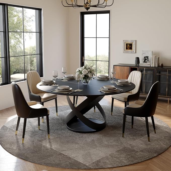 POVISON 60" Round Dining Table for 6, Modern Dining Room Table with Lazy Susan, Matte Black Sintered Stone Dining Tabletop with X-Shape Carbon Steel Base (Table Only)