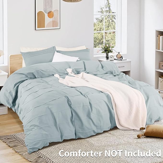 NEXHOME PRO 100% Washed Cotton Duvet Cover Twin Size, Pleated Duvet Cover Set Azure Blue, 2 Pieces Organic Bedding Set with Zipper Closure, Soft, Lightweight and Breathable (68"x90", No Comforter)