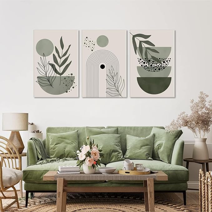 3Pcs Framed Boho Wall Art Sage Green Wall Decor Posters & Prints Minimalist Geometric Line Leaf Sun Moon Beige Canvas Artwork Paintings Room Bedroom Bathroom Office 16x24inch Ready to hang