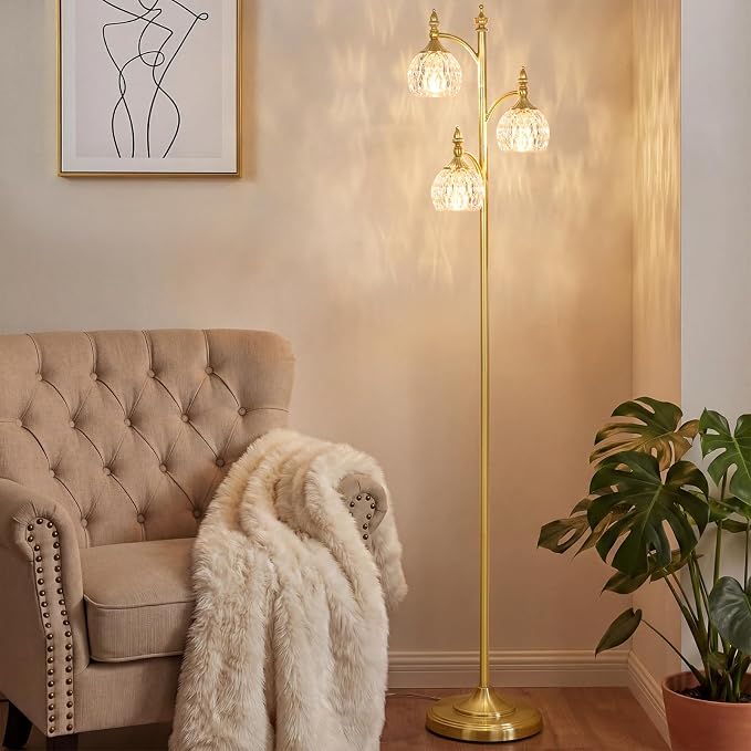 JUNNAI Gold Floor Lamp for Living Room 66.5in Brass Tall Standing Lamp with 3 Way Brightness Lights Glass Shades Modern Mid Century Gothic Corner Lamp for Bedroom Office