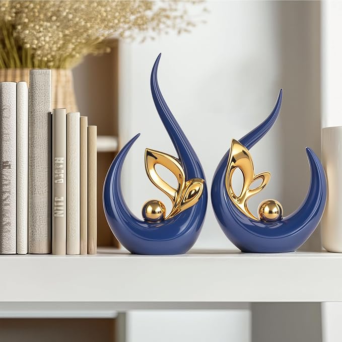 Navy Blue Gold Home Decor Accent,Abstract Ceramic Statue and Sculptures for Living Room,Mid Century Modern Decor for Desktop Bookshelf tv Stand Fireplace Coffee Table Centerpieces Decorations