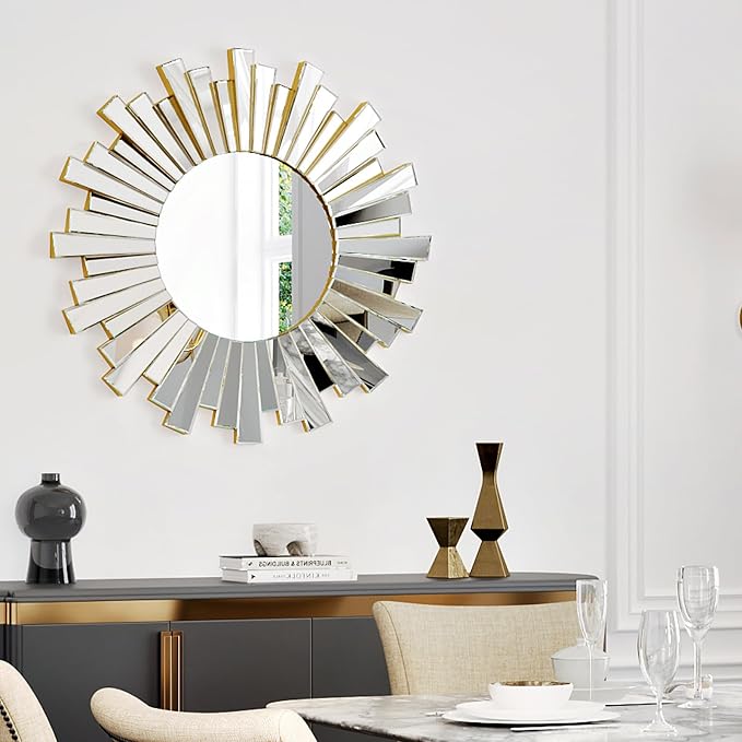 Sunburst Round Wall Mirror - 26" Large Starburst Decorative Mirror with 3D Beveled Glass Frame, Modern Frameless Unique Wall Decor for Living Room, Dining Room, Entryway, Fireplace