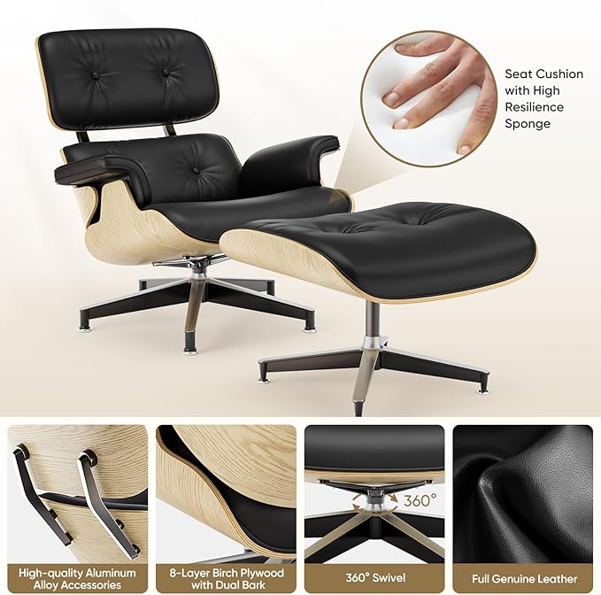 Top Cream White Grain Leather, Mid Century Chaise Lounge Chair and Ottoman, Modern Chair Classic Design, Walnut Wood, Heavy Duty Base Support for Living Room Office