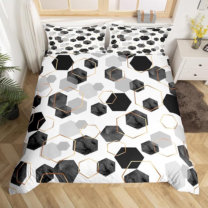 Erosebridal Black and Grey Duvet Cover for Bedroom - Marbling Geometric Art Kids Bedding, Minimalist Abstract Golden Striped Bed Sets for Home Decor, Queen 3 Pieces (No Comforter)