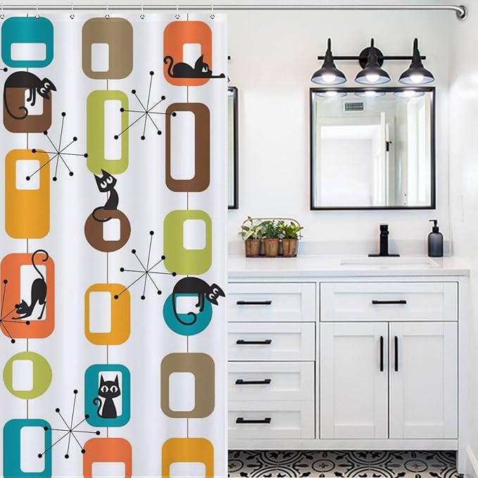 Cats Shower Curtains Mid Century Retro Atomic Black Cat Geometric Abstract Cubes Pattern Duty Fabric Shower Curtain Set Bathroom Polyester Waterproof with 12 Hooks,72x72Inch（183x183cm）