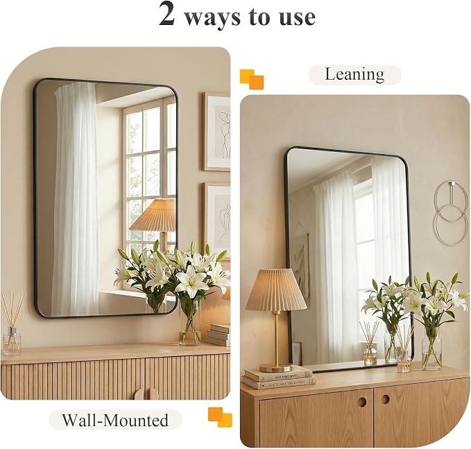 Sweetcrispy Bathroom Mirror for Over Sink, 30x48 Inch Wall Mount Mirror with a Rounded Rectangle and Matte Metal Frame, Modern Wall Vanity Mirrors for Home Decor, Living Room, Bedroom, Black