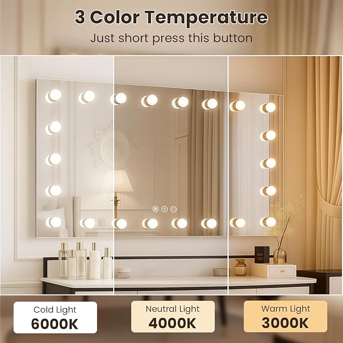 WTTY 96"x36" Hollywood Vanity Mirror with Lights, Wall-Mounted Makeup Mirror with 3 Color Temperatures, Stepless Dimmable Bulbs, Anti-Fog & Shatter-Proof